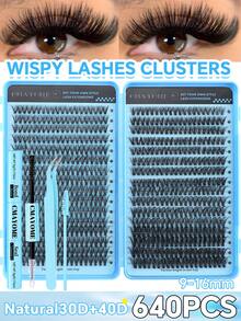 640/544片装睫毛胶水套装，打造自然浓密睫毛。D型卷翘假睫毛，柔软蓬松，长度9-16毫米，簇状睫毛，单根睫毛，DIY睫毛嫁接，自然簇状睫毛。10D+20D/30D+40D/50D+60D/80D+100D卷翘睫毛组合套装。包含胶水、定型液、睫毛镊子和睫毛刷，新手友好。