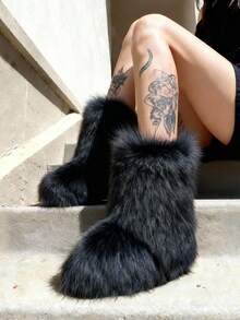 Women's Winter Furry Snow Boots For Women Fuzzy Fluffy Round Toe Suede Booties Flat Heel Slip On Outdoor Indoor Shoes EdgyElongate Fashion Warm Fluffy Christmas Shoes - 黑色 - 查看 6