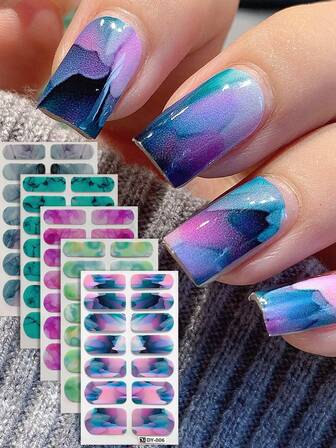 5件套/共70片，大理石纹、豹纹、花卉、纯色、渐变美甲贴纸，全覆盖美甲贴花，适合女性、女孩、节日使用