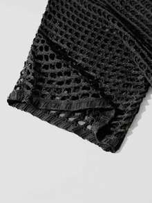 Plus Size Women V-Neck 3/4 Sleeve Solid Color Hollow Out Casual Elegant Knit Sweater - Black - View 6