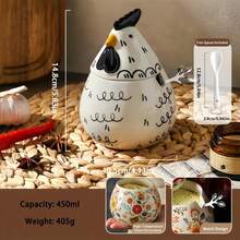 Japanese Garden Style Chick-Shaped Ceramic Storage Jar, Vintage Cute Hand-Painted Underglaze Color Jar, With Lid And Spoon, Can Store Coffee Beans, Candy, Cereal, Spices, Snacks, Dried Fruits, Baking Ingredients, Etc., Ideal For Kitchen, Living Room, Desktop Decoration And Gift Giving. - Multicolor - View 13