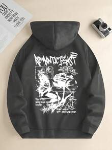 K-GLORY Men's Hoodie, Casual Street Style Butterfly & Rose English Slogan Print Fleece Lined Pullover Sweatshirt, Autumn/Winter - Dark Grey - View 4