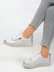 1 Pair Women's New Fashion Casual Sports Shoes, Solid Color Sports PU Leather Lace-Up Zipper Decor, New Fashion Women Casual Sports Shoes For Home, Holiday, Office, All Seasons