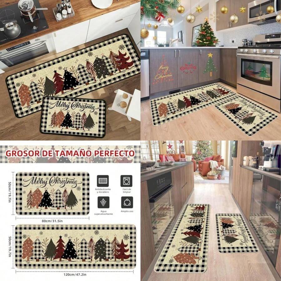NEWKIBOU Juego de 2 Alfombras de Cocina de Navidad, 50x80cm y 50x120cm, Diseño de Cuadros de búfalo, Absorbente y Antideslizante, Resistentes a Manchas y Decoloración, para Cocina y Hogar ()(Estilo B) - Multicolor - Ver 1
