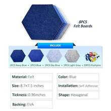 Hexagon Felt Bulletin Board Tiles, 8 Pcs, 8.7 X 7.5 Inches, With 20 Pushpins, For Easy Display Of Photos Pictures Memos Notices, Felt Wall Tiles For Office Home Classroom (Blue),Blue - Màu xanh lam - Xem 4