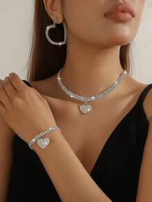 4件套优雅心形项链、耳环、手链首饰套装，适合在情人节、晚宴、舞会、音乐节、派对等场合佩戴。 - 彩色 - 查看 7