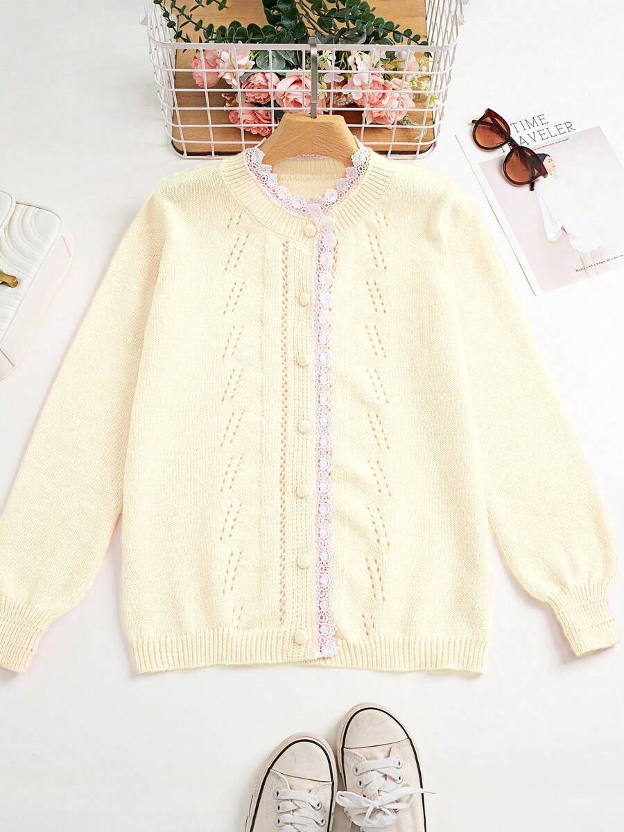 Delicado cárdigan de punto corto para mujer, con diseño de encaje - Amarillo claro - Ver 1