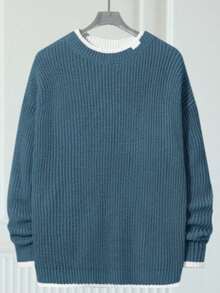 Men's Casual Contrast Trim Long Sleeve Sweater, Autumn/Winter - Blue - View 1