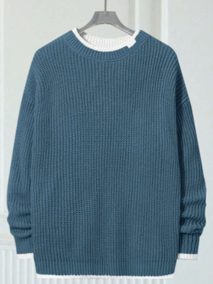 Men's Casual Contrast Trim Long Sleeve Sweater, Autumn/Winter - Blue - View 1