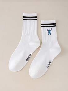 Disney 1/5双 Stitch & Angel 图案袜子，荷叶边袜子，泡泡袜，荷叶边泡泡袜，黑白条纹中筒袜，儿童款 - 彩色 - 查看 7