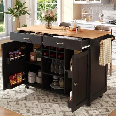 Moderne Kücheninsel(102*45*92cm), Küchenschrank, Buffetschrank, Speisewagen Mit Holzmaserung, Buffetschrank, Multifunktionale Esstisch Mit Speicherraum, Schwarz