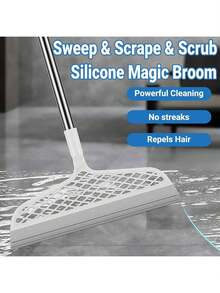 [Magic Broom   Double-Sided] 1pc Pro Clean Magic Broom   Double-Sided Silicone Scraper, 180° Angle Design & Detachable Head   Lightweight Plastic Handle For Easy Cleaning Of Hard Floors & Carpets, Ideal For Bathroom, Kitchen, Living Room, Broom Sweeping Floor - 灰色 - 查看 4
