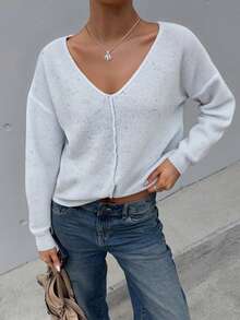 Women's Fashionable Elegant V-Neck Long Sleeve Pullover Sweater, Multicolor Yarn, Suitable For Daily Wear And Dates, Winter