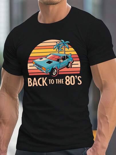 Impresión Retro de los 80, Camiseta de Manga Corta con Cuello Redondo para Hombre, un Top Relajado y Ligero Perfecto para el Verano.