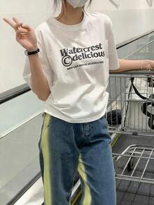 Women's Casual Basic Simple Letter Print Round Neck Short Sleeve T-Shirt White Summer - White - View 5