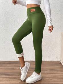 女士高腰加厚保暖打底裤，字母图案，适合冬季穿着 - 軍綠色 - 查看 6