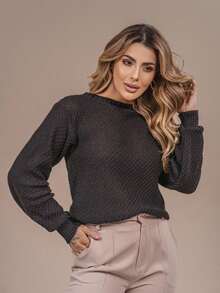 Women's Premium Textured Modal Knit Blouse With Round Neck And Long Sleeves For Winter - White - View 7