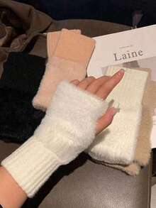 女士半指手套 冬季加厚保暖露指书写打字针织长手套 护腕 - 彩色 - 查看 3