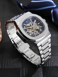 RICECGO 1 chiếc đồng hồ nam tự động cơ khí dây thép, đồng hồ đeo tay công sở, phù hợp để đeo hàng ngày và trong các cuộc họp kinh doanh, món quà lý tưởng cho sinh nhật, Ngày của Cha, Ngày Valentine, đồng hồ nam, quà tặng nam - Bạc - Xem 3