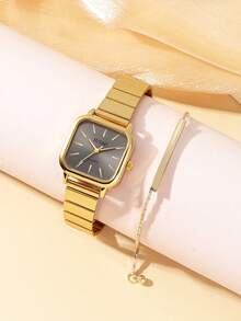 2pcs Square Steel Strap Watch + Bracelet Set, Suitable For Daily Matching, Birthday, Women's Gift, Anniversary, Year-End Promotion, Singles' Day, Halloween Promotion, No Gift Box - Gold - View 1