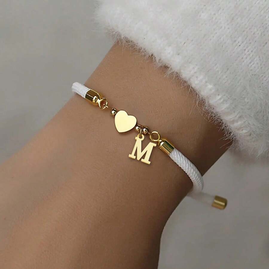 1 chiếc vòng tay bằng thép không gỉ hình trái tim chữ cái A-Z có dây điều chỉnh được dành cho nữ - Phong cách 13 - Xem 1