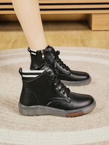 女士厚底系带踝靴，时尚百搭防滑耐穿舒适高帮休闲鞋，软底轻便侧拉链靴，秋冬款