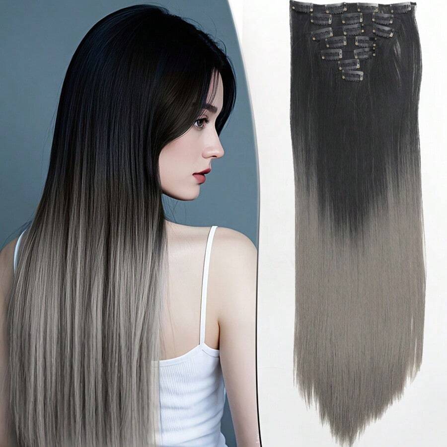 Clip In Hair Extensions 7 PCS Set Ombre 24Inch Long Straight Hair Extension For Women Synthetic Hair Extensions Hairpieces - Multicolor - View 1