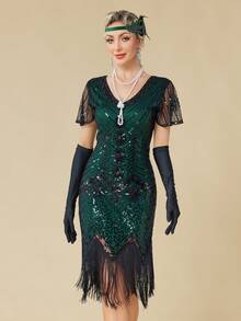 Vestido estilo Flapper de los años 20, vestido de manga, vestido de las noches de Harlem de los Felices Años Veinte para fiesta de boda - Verde - Ver 6