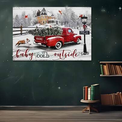1pc Unique Wrapped Wooden Canvas Poster, Christmas Farm Red Pickup Winter Wood Frame Canvas Painting Ideal For Home, Office, Bathroom, Living Room, Cafe, Bar, And Game Room Wall Decoration, Perfect Gift For Any Space