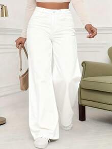 Women's Mid Waist Non Elastic Casual Loose Straight Leg Denim Pants Suitable For Daily Commuting And Home Wear - 白色 - 查看 1