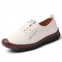 أحذية سلامة العمل للنساء، أحذية مسطحة ذات لون واحد، أحذية كاجوال ناعمة وراحة القدم، أحذية جديدة برؤوس مستديرة وأعلى منخفض مخاطة يدويًا - بيج - مشاهدة 15