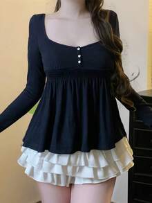 Autumn Square Neck Long Sleeve Milkmaid Tops Preppy Cute Babydoll T-Shirt Y2k Cottage Aesthetic Vintage Pullover Tees Women - 藍色 - 查看 3