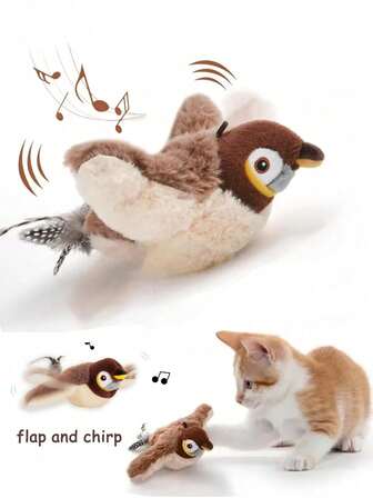 互动猫玩具 吱吱叫宠物毛绒玩具 USB充电 鸣叫拍翅膀小鸟（不会飞） 室内猫咪适用 触摸激活毛绒玩具