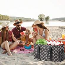 GhvyenntteS Extra Large Utility Tote Bag - Stand Up Utility Tote With Metal Wire Frame & Hard Bottom Board, Reusable Grocery Bags With Handles For Storage, Picnics, Beach, Pool, Laundry, Car, Camping,GreyLattice-1Pack - 灰色格子 - 1 包 - 查看 7