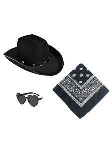 1 Set (Including Hat + Glasses + Scarf) Unisex Cowboy Hat, Suitable For Costume Parties, Includes Cowboy Hat With Buckle, Felt Hat, Funny Party Hat, Cowboy Accessories, 3 Bandanas, Suitable For Adult Cowboy/Western Costume Parties
