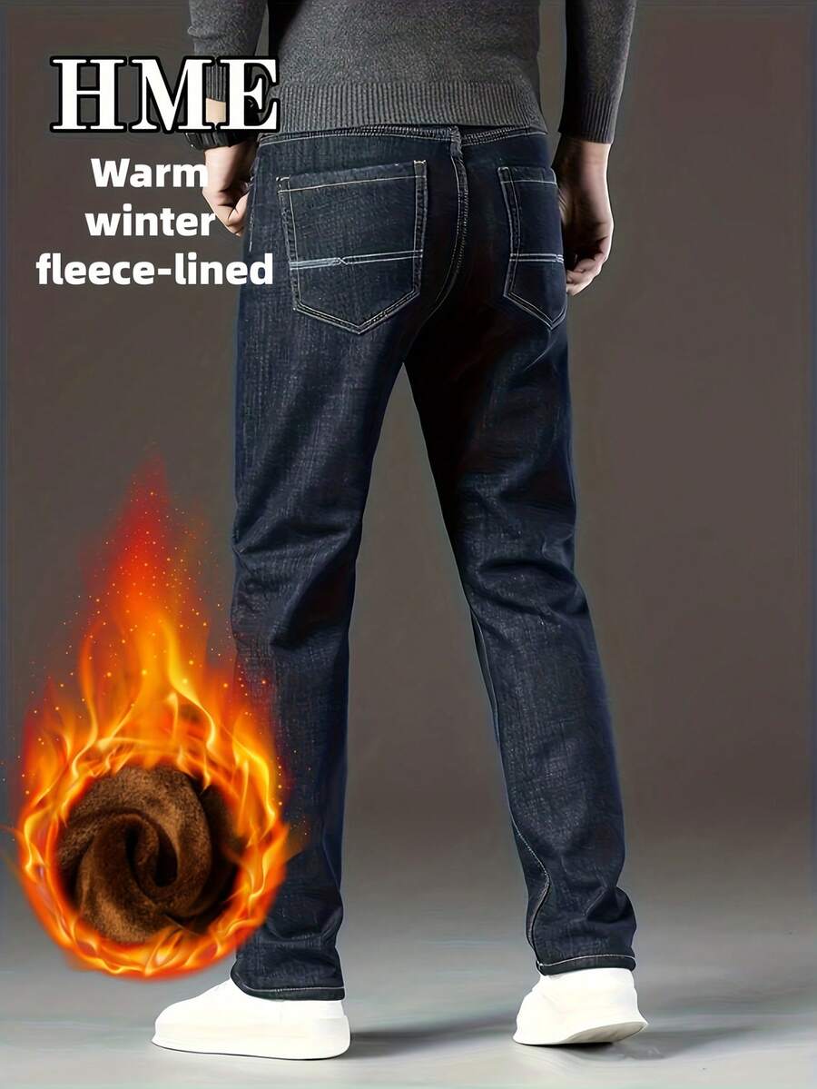 239 Winter Thickened Casual Minimalist Style Men's Jeans, New Men's Thickened Winter Wear, Suitable For Business Or Casual Wear, Mid-Rise Stretch Slim Straight Leg, Stretchy Fabric Machine Washable, Built-In YKK Zipper Closure, Simple Basic Versatile For Any Occasion, Essential Winter Warmth Men's Long Jeans, Men's Black Casual Pants, Men's Slim-Fit Jeans (Plus Sizes Available) Men's Plus Size Apparel - 黑色 - 查看 1