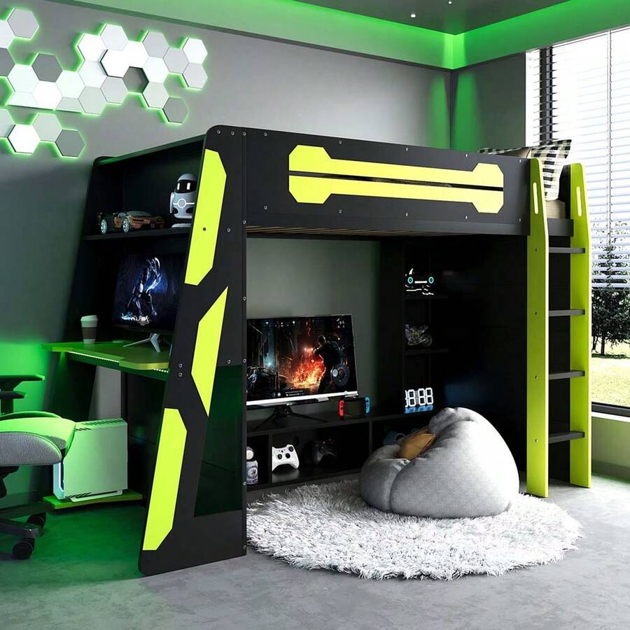 MERAX Twin Size Wood Loft Bed With Desk, Multi-Storage Shelves And RGB Light, Green - màu xanh lá - Xem 1