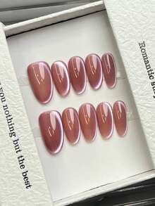 10片手工美甲片，椭圆方形亚克力按压式美甲，短款/中款，极简粉色美甲，闪亮猫眼美甲，简约优雅奢华手工美甲，秋季美甲，秋季按压式美甲，可爱美学，百搭美甲，DIY假指甲，派对日常及约会适用，海滩热带度假适用，可重复使用，适合女性和女孩作为礼物，美甲用品，手工按压式美甲 - 粉色 - 查看 23