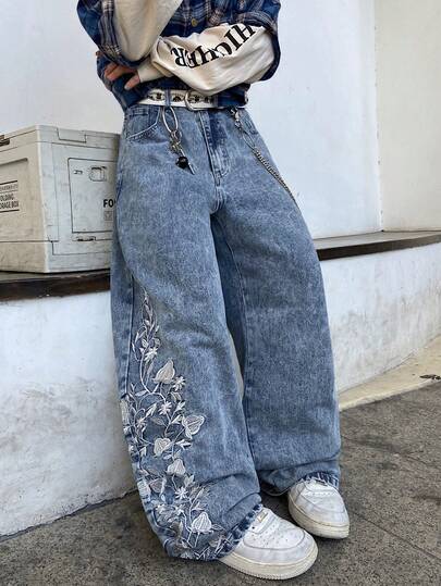 1 pieza Jeans de pierna ancha con bordado de estilo callejero de moda para hombres, suelto y cómodo, versátil para todas las estaciones (sin cinturón ni accesorios)