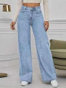 Women's Mid Waist Non Elastic Casual Loose Straight Leg Denim Pants Suitable For Daily Commuting And Home Wear - Rửa nhẹ - Xem 6