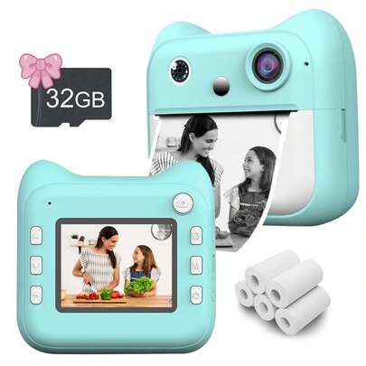 Máy ảnh in ảnh lấy liền dành cho trẻ em có thẻ nhớ 32G, quay video kỹ thuật số 1080p, đồ chơi máy ảnh cho trẻ từ 4-12 tuổi kèm quà tặng Giáng sinh và sinh nhật cho bé gái và bé trai từ 4, 5, 6, 7, 8, 9, 10, 11, 12 tuổi. Quà tặng Giáng sinh, Năm mới, Lễ Tạ ơn.