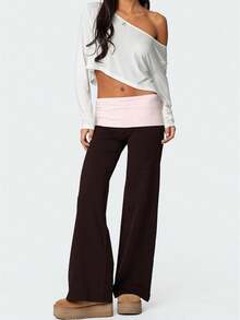 Women's Patchwork Wide Leg Pants Fashionable Casual Loose Elastic Low Waist Pants - 粉色 - 查看 1