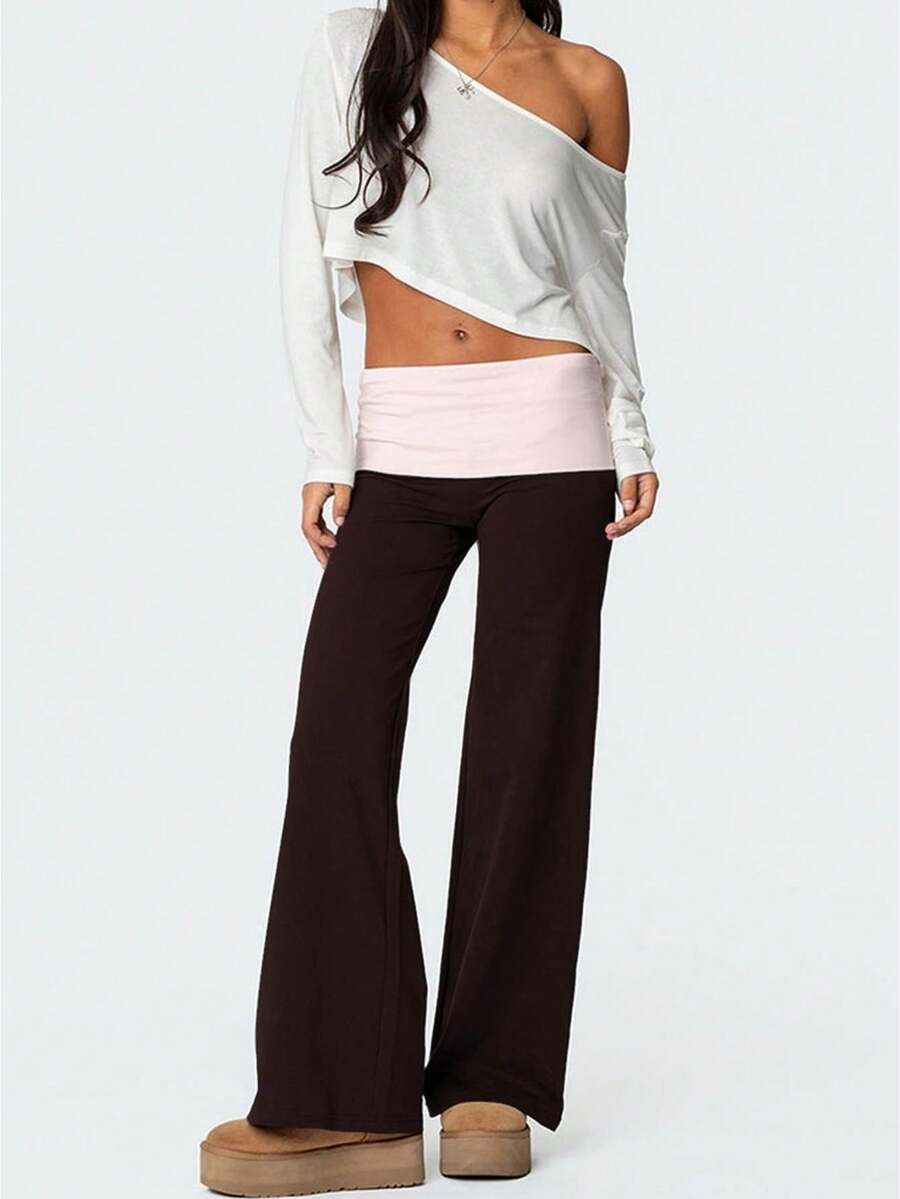Women's Patchwork Wide Leg Pants Fashionable Casual Loose Elastic Low Waist Pants - 粉色 - 查看 1