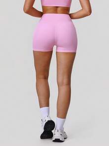 Sodalemon Women Fitness No Front Seam Casual Lift Buttocks Solid Color Yoga Running Sport Shorts - Pink - View 5