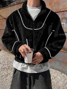 1pc Y2K Contrast Color Streetwear Style Fleece Jacket For Teenage Boys, American Short Minimalist Design, Warm & Comfortable, Suitable For Commuting, Casual Outings, Can Be Worn As An Open Front Cardigan