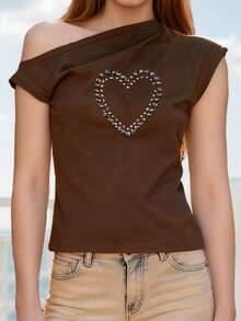 Blusa De Manga Corta Con Diseño Off-shoulder Y Detalle De Corazón Decorado Con Piedras Brillantes, Corte Ajustado  Estilo Casual Elegante Para Mujer  Prendas De Tejido Suave Y Decorativo  Blusas Versátiles Para Salidas  Moda Urbana Refinada - Marrón - Ver 4