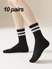 10 双黑白条纹中筒袜，适合女士，休闲百搭 - 黑與白 - 查看 9