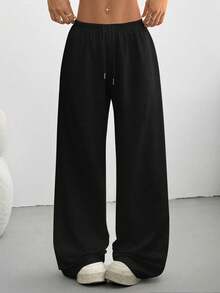 Quần ống đứng cạp cao màu trơn, quần thể thao tối giản, quần ống rộng cạp chun có dây rút đa năng, màu đen phù hợp mọi mùa xuân. - màu đen - Xem 3