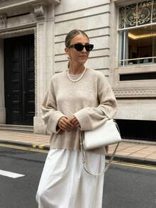 FOR BEAUTY 女士圆领针织毛衣，新款宽松长袖休闲套头衫，适合新年、秋冬季穿着。 - 米色 - 查看 2