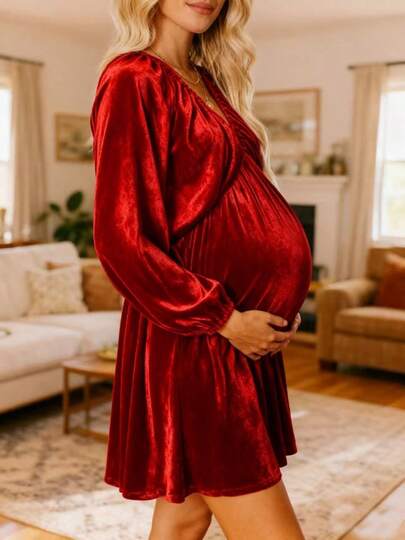 Maternity Loose A-Line Dress, V-Neck Pleated, Lantern Sleeve, Solid Color